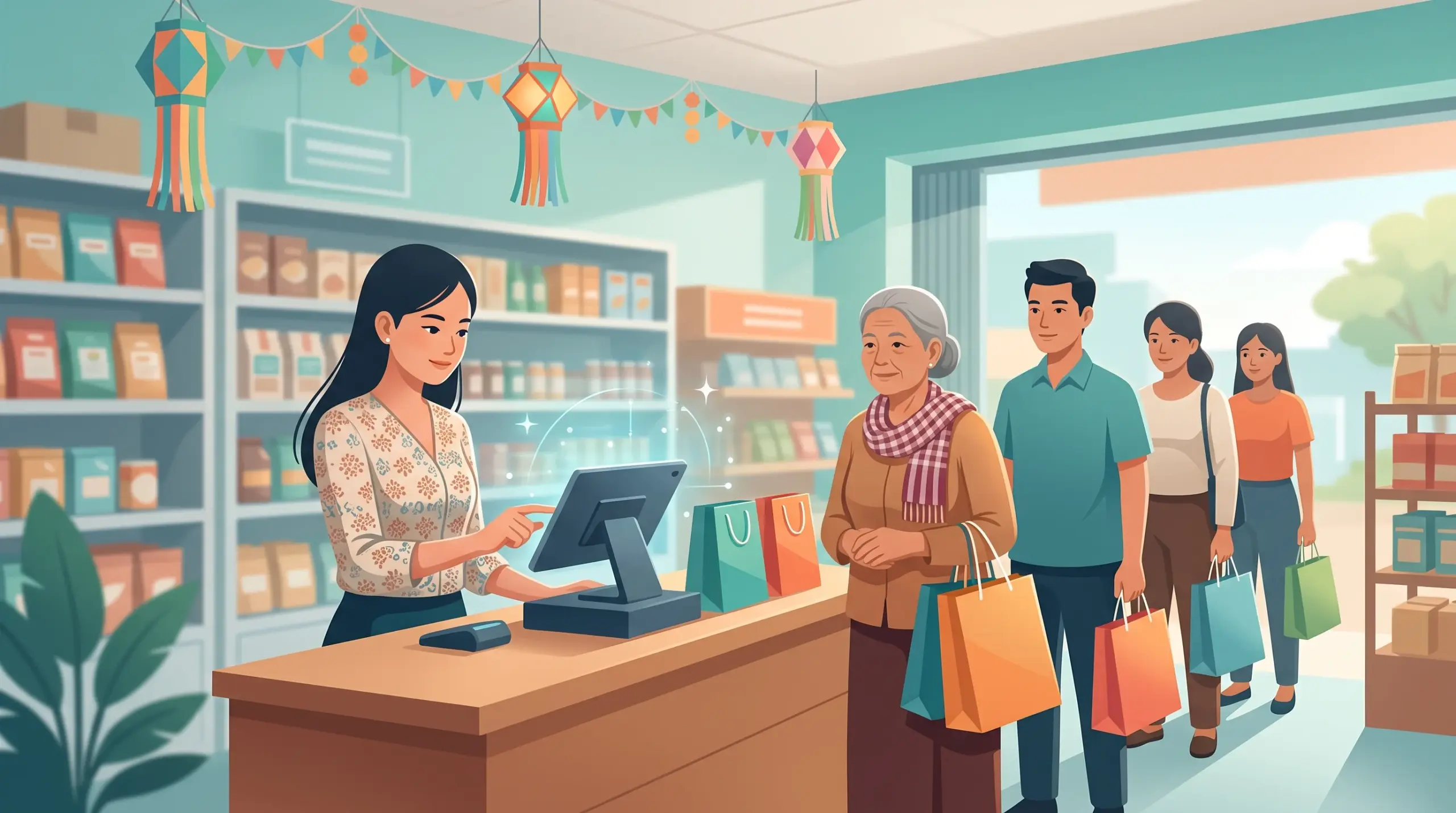 Cambodian shop using MyLekha POS to handle a busy festival day scaled