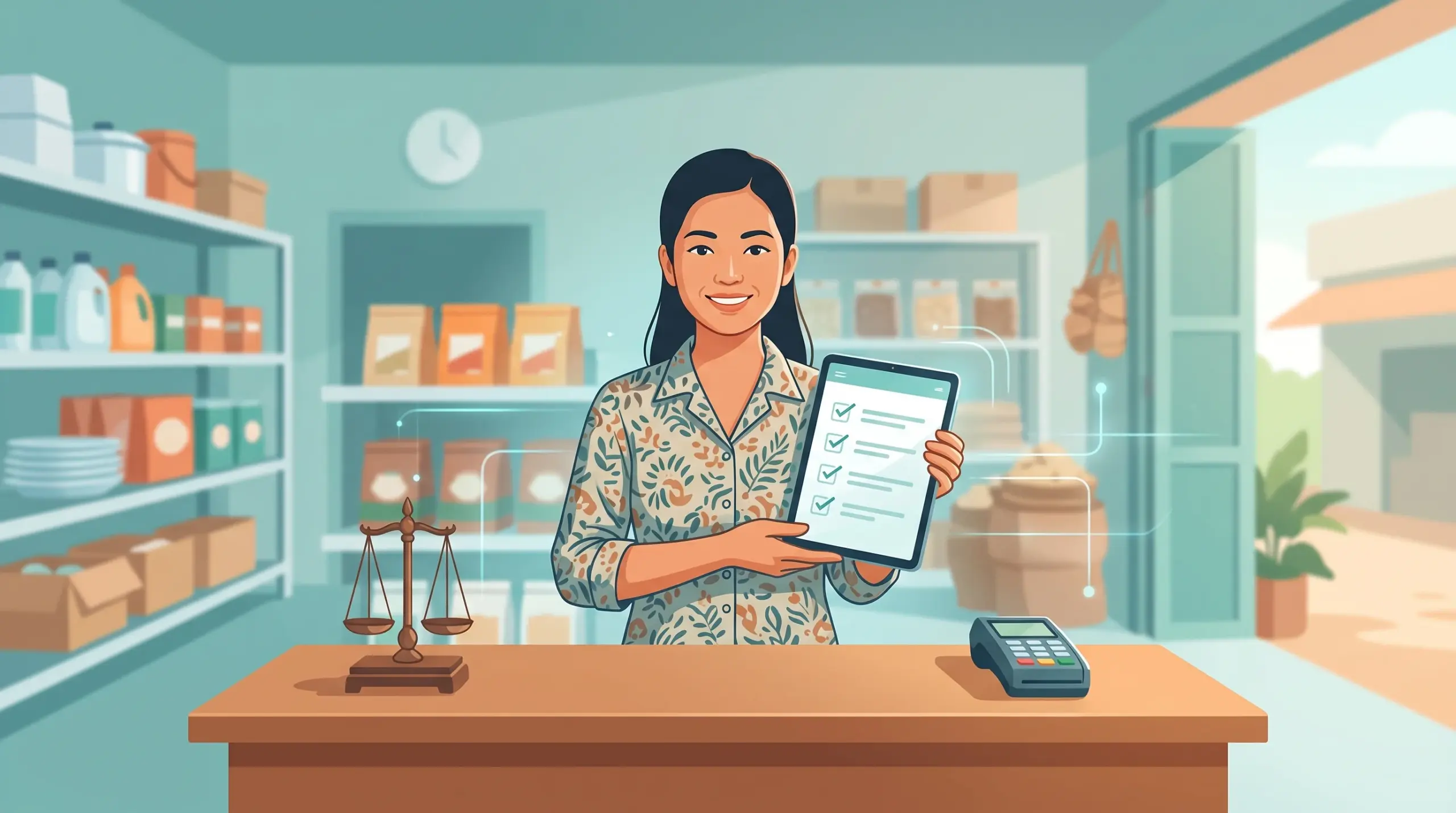 Shop owner testing MyLekha POS free trial with a checklist in Cambodia scaled